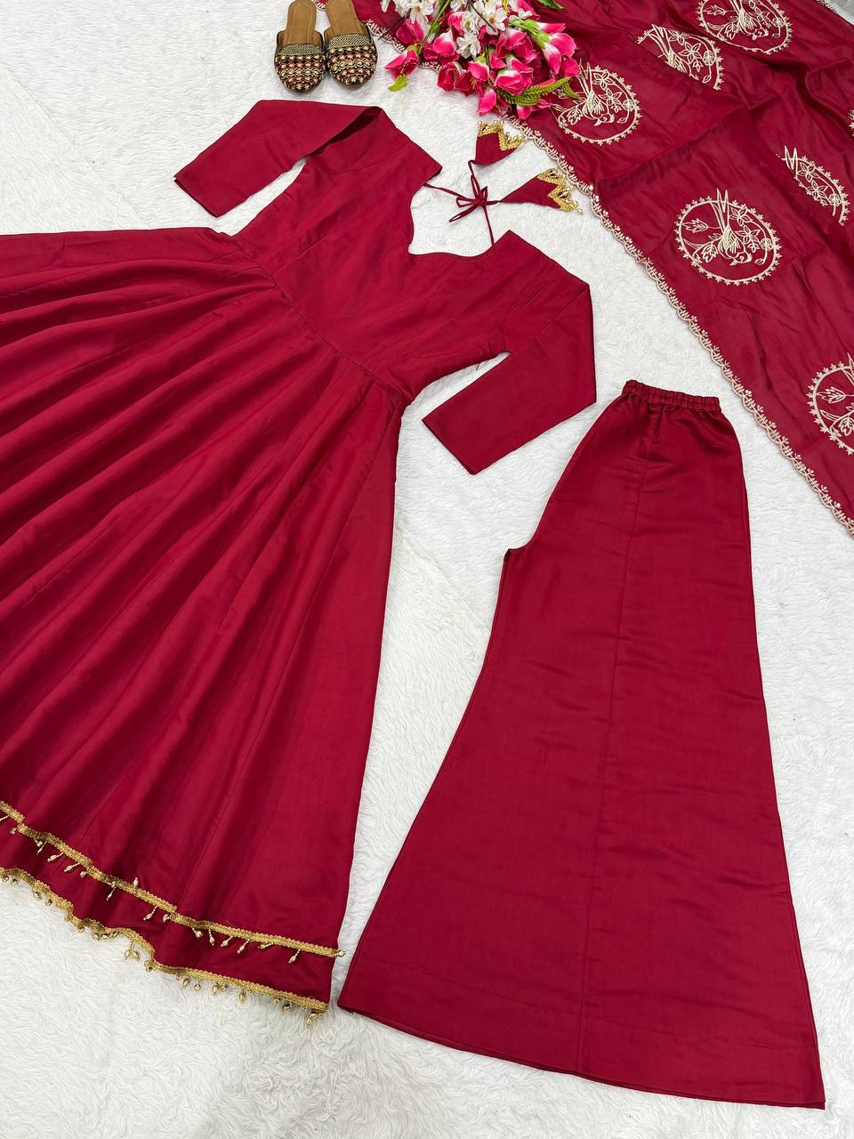 Regal Crimson Red Flared Anarkali Suit Set Adorned with Heritage Gold Motifs and Pearl-Embellished Scalloped Borders